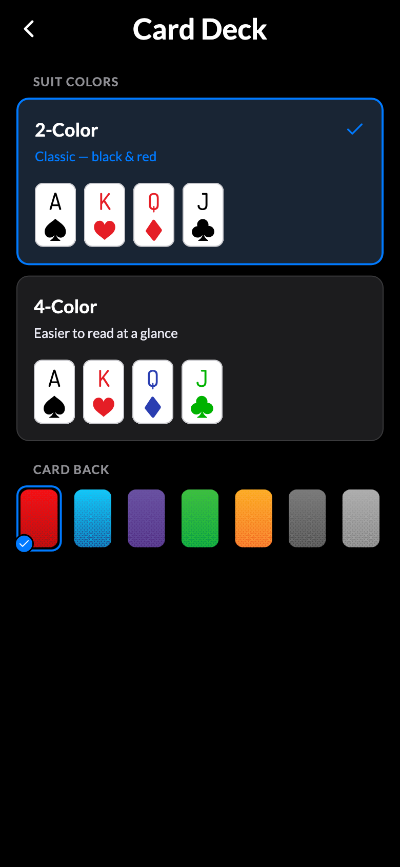 Card Deck settings: two-color or four-color suits and card back choices