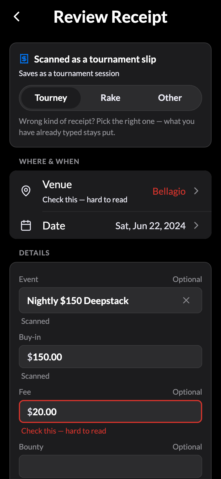The Review Receipt screen: a scanned tournament slip with its venue, date, buy-in, and fee laid out to confirm